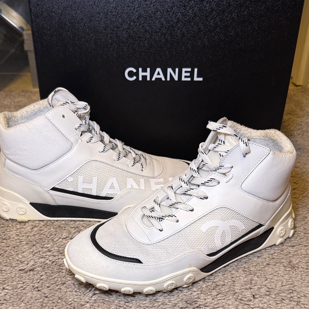 CHANEL White and Black Men's High-Top Sneakers
